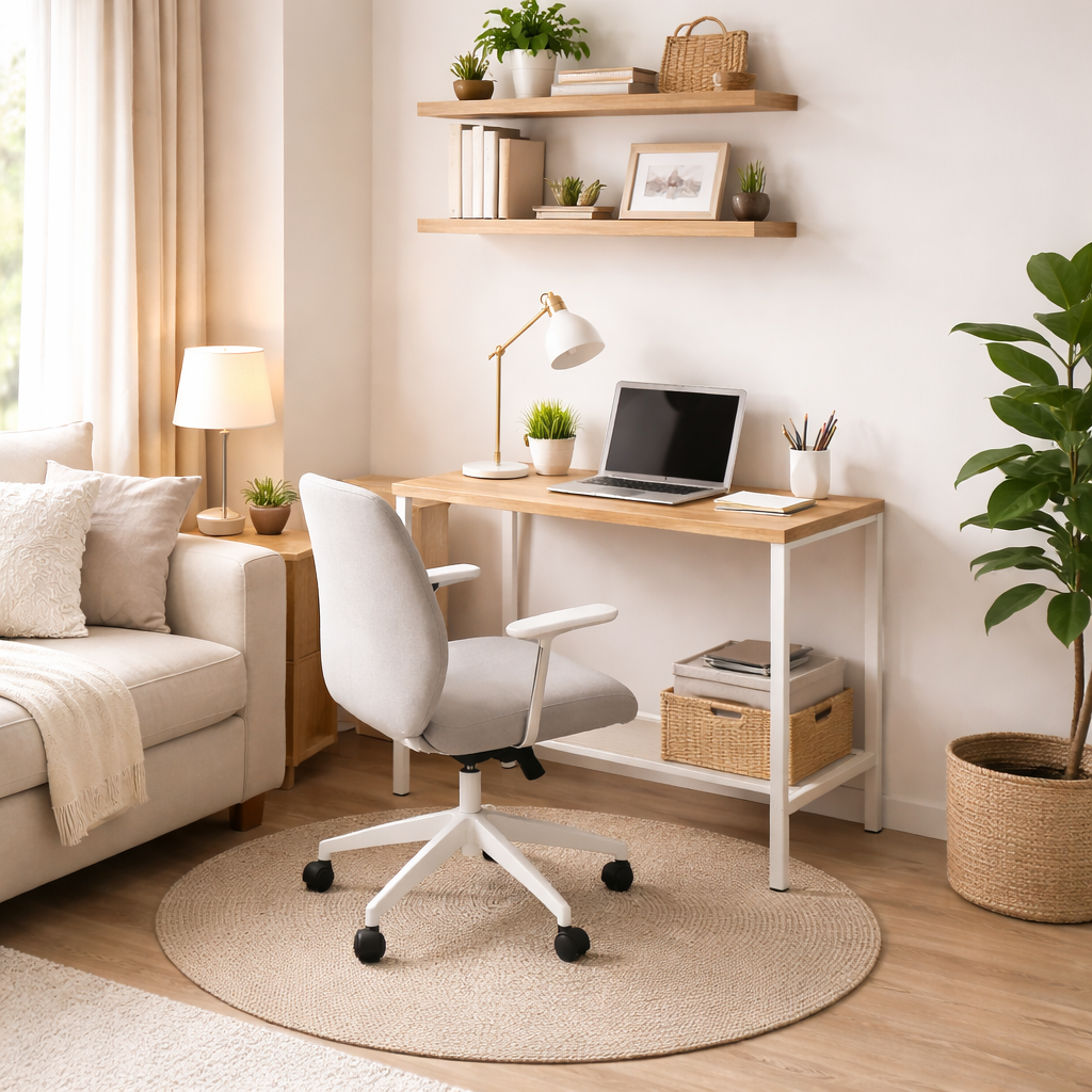 small apartment home office setup with compact desk and chair